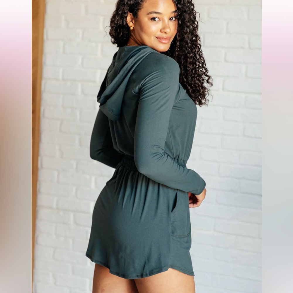 Getting Out Long Sleeve Hooded Zip-Up Athleisure Dress Romper Large Dark Green - Picture 5 of 12